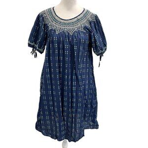 Madewell Embroidered Puff Sleeve Prairie Boho Mini Dress Indigo Plaid size XS